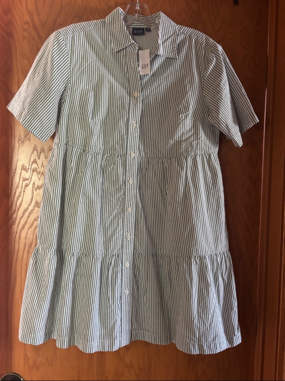 GAP Green and White Striped Short-Sleeve Tiered Shirt Dress